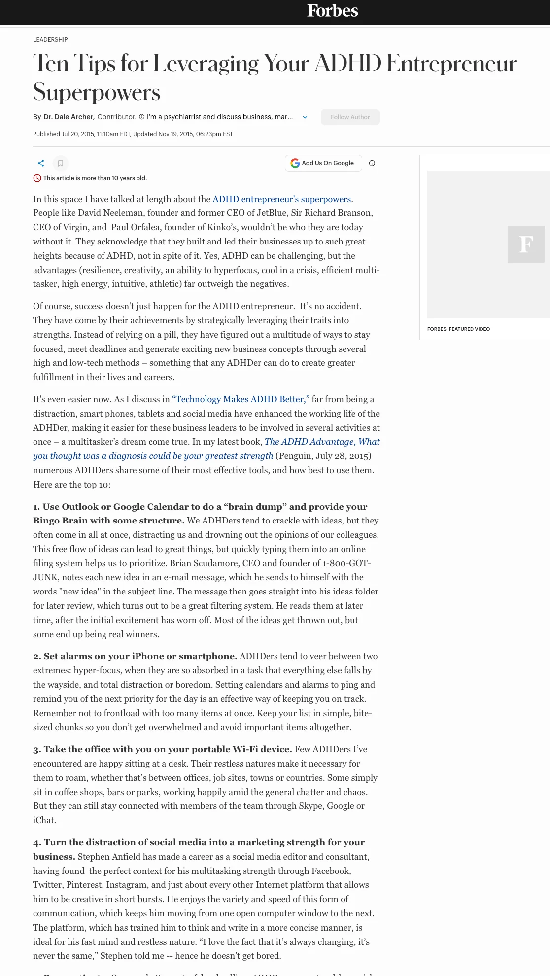 Forbes article titled 'Ten Tips for Leveraging Your ADHD Entrepreneur Superpowers' by Dr. Dale Archer, dated July 20, 2015, featuring Stephen Anfield in tip number four