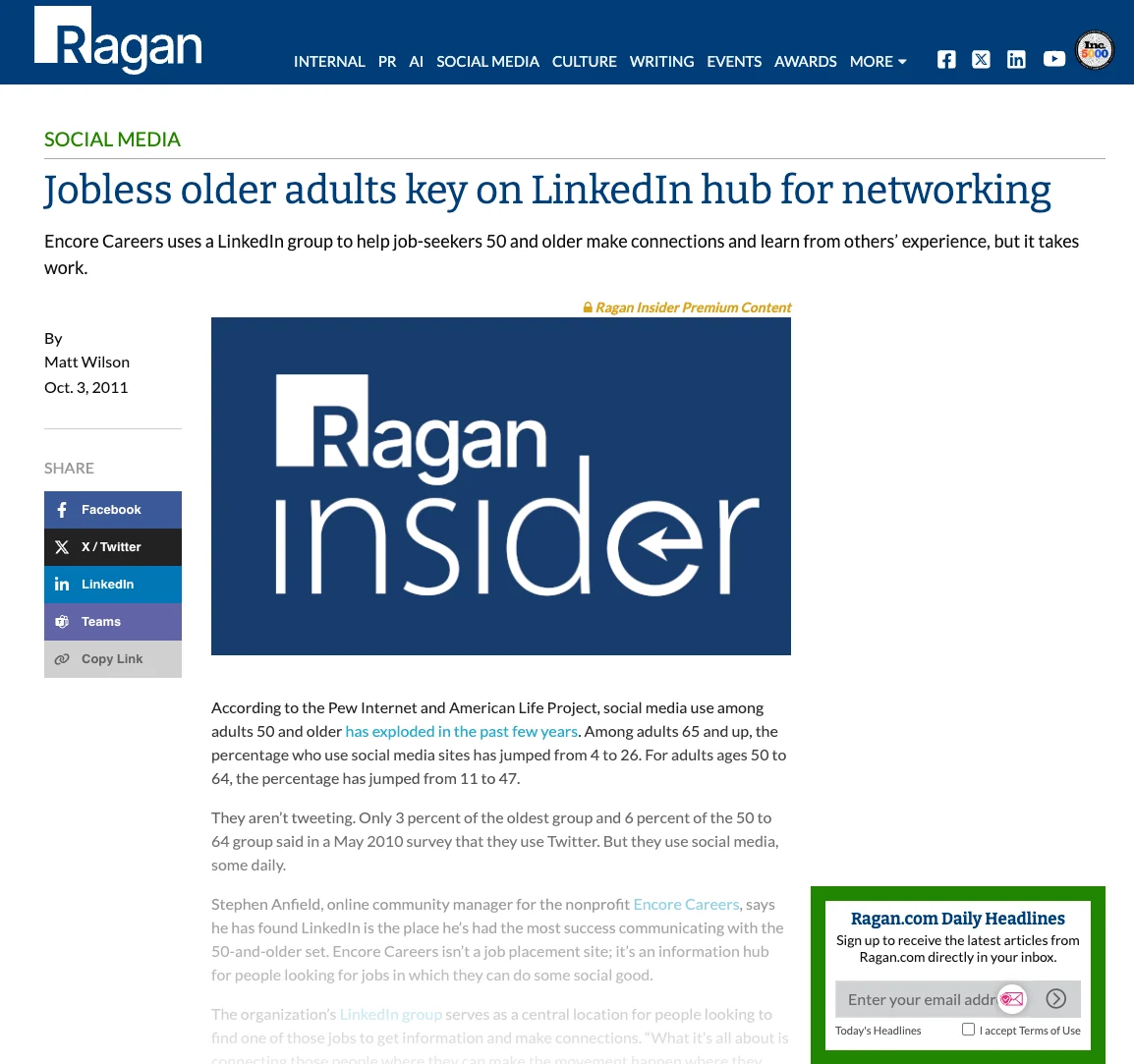 Ragan article titled 'Jobless older adults key on LinkedIn hub for networking' by Matt Wilson, dated October 3, 2011, quoting Stephen Anfield as online community manager for Encore Careers