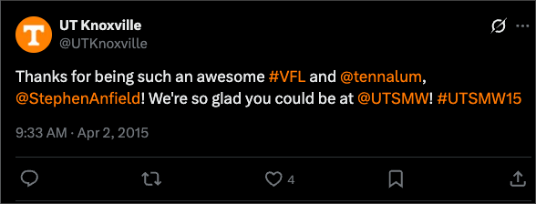 Screenshot of a tweet by the University of Tennessee, Knoxville (@UTKnoxville) congratulating Stephen Anfield at the 2015 Student Media Workshop.